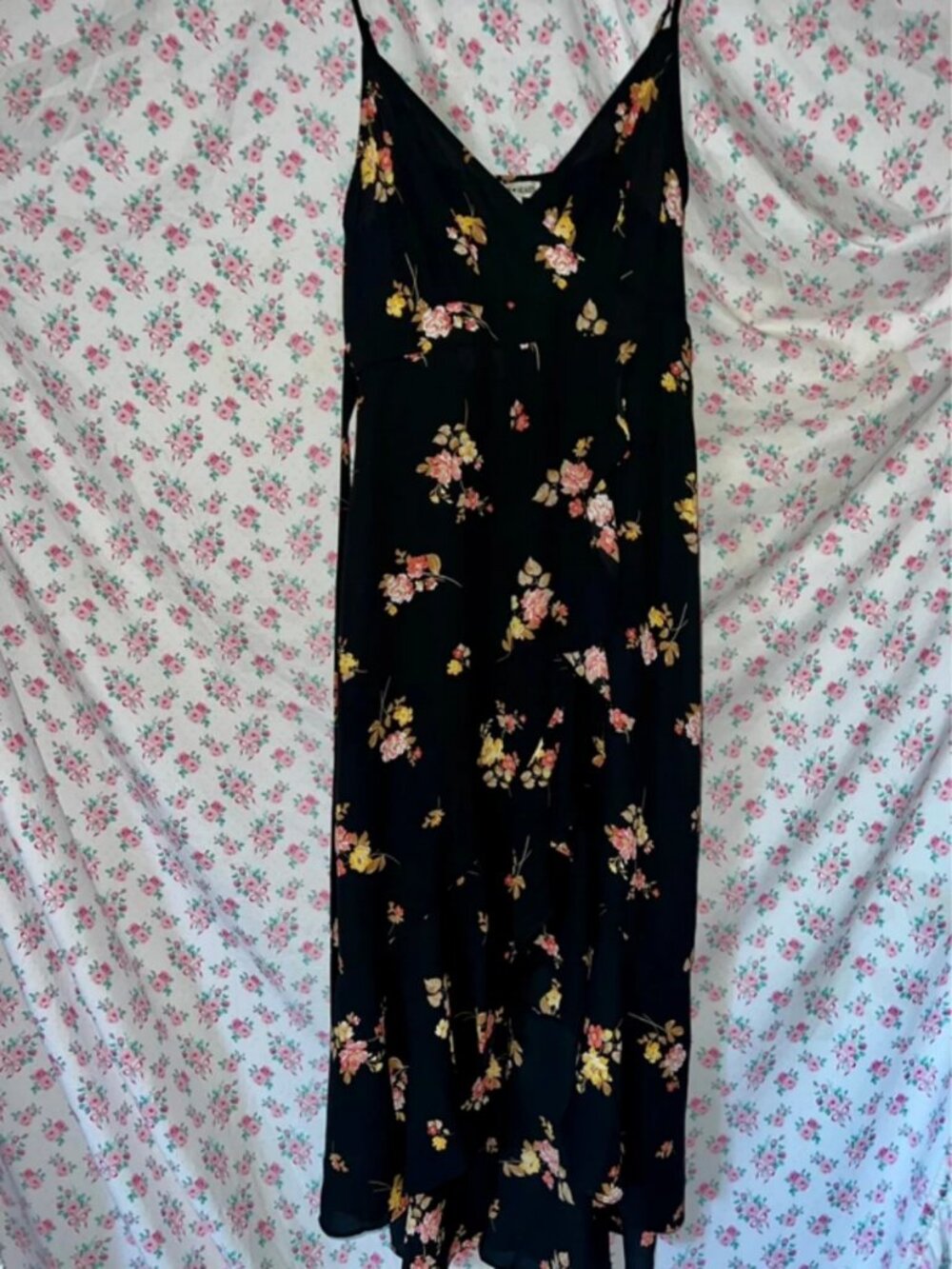 Women’s Large Inspired Hearts Floral Black Maxi Cami V-Line Neck Romantic Dress